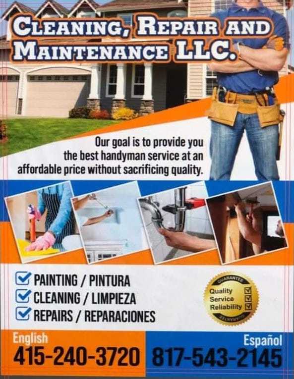 advertising flyer - A person performing cleaning and maintenance tasks, showcasing tools and equipment for repair and upkeep.